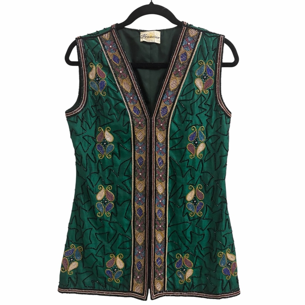 Vintage Silk Beaded Vest 90s embroidered boho artsy womens small layering